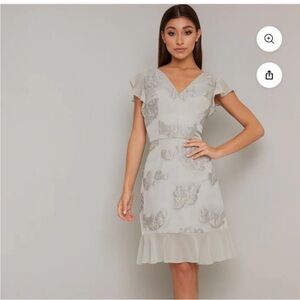Clemmie Jacquard Metallic Frill Detail Dress In Silver Size 6